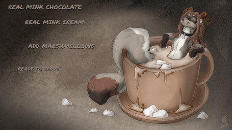 anthro beverage black_nose brown_hair candy chocolate collar container cup dessert dipstick_tail eyes_closed facial_markings food fur gloves_(marking) grey_body grey_fur hair head_markings head_wings hot_chocolate male markings marshmallow mask_(marking) partially_submerged solo tail tail_markings text unusual_wing_placement wings flinters beata_(beatadalhagen) mammal mink mustelid musteline true_musteline 16:9 2025 english_text hi_res widescreen