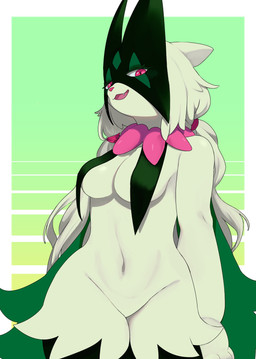 accessory anthro blush blush_lines breast_curtains breasts cute_fangs eyelashes fangs female flower_(anatomy) fur green_body green_ears green_fur hair hair_accessory hair_tie long_hair mask open_mouth open_smile pink_eyes pink_nose pokemorph smile solo teeth kemokoko nintendo pokemon generation_9_pokemon meowscarada pokemon_(species) 2026 absurd_res hi_res