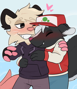 anthro blush blush_lines clothed clothing eyes_closed floating_heart fully_clothed fur hat headgear headwear heart_symbol male male/male male_anthro multicolored_body multicolored_fur one_eye_closed smile tail teeth two_tone_body two_tone_fur whiskers crushpepper juju_(jujuteapot) american_opossum mammal marsupial mephitid skunk hi_res
