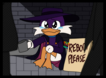 anthro beak black_border border clothing container cup feathers hat headgear headwear holding_container holding_cup holding_mug holding_object male mug orange_beak purple_clothing purple_hat purple_headwear purple_mask sad solo white_body white_feathers tzoe611 chibiverse darkwing_duck disney ducktales ducktales_(2017) drake_mallard anatid anseriform avian bird duck digital_media_(artwork)