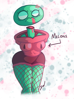 angry anthro clothing cross-popping_vein female fishnet_clothing fishnet_legwear food for_a_head fruit legwear mascot melon melony_allsweet plant solo watermelon screaming_watermelon humanoid object_head hi_res