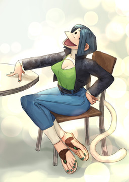 5_fingers 5_toes anthro belt blue_hair bottomwear breasts chair cleavage clothed clothing colored_nails denim denim_bottomwear denim_clothing feet female fingers footwear fully_clothed fur furniture green_nails hair jacket jeans nails open_mouth open_smile pants sandals shirt shoes short_hair sitting smile solo t-shirt table toes topwear white_body white_fur redustheriotact jade_(redustheriotact) haplorhine mammal monkey primate 2022 hi_res