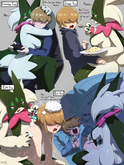 3_fingers anthro bathing_together bed big_breasts bodily_fluids breast_curtains breasts brown_hair bubble butt claws clothing controller cutlery duo feeding female female_anthro finger_claws fingers flower_(anatomy) food fur furniture game_controller green_body green_fur green_tail hair hoodie interspecies jagged_mouth kitchen_utensils lying male mask nude on_back on_bed open_mouth pajamas pawpads paws pillow pink_eyes pink_nose plate pokemorph pokephilia scrubbing shampoo spoon straddling sweat sweatdrop tail text tools topwear darakafox nintendo pokemon generation_9_pokemon human mammal meowscarada pokemon_(species) 2026 absurd_res english_text hi_res