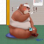 anthro belly blush brown_body brown_fur censor_bar detailed_background fur genitals humanoid_hands ineffective_censorship kemono male masturbation negative_censor negative_colors overweight overweight_anthro overweight_male penile penile_masturbation penis sitting solo text toshi_(artist) bear mammal 1:1 2018 censored digital_media_(artwork) hi_res japanese_text mosaic_censorship