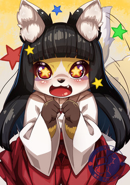anthro asian_clothing black_hair blush clothed clothed_anthro clothed_female clothing cute_fangs daww east_asian_clothing fangs female female_anthro fur hair japanese_clothing kemono long_hair looking_at_viewer miko_outfit open_mouth shrine_maiden solo tail tail_motion tailwag teeth tongue young young_anthro young_female tsukai_rabi canid canine fox mammal 2025 digital_media_(artwork) hi_res reaction_image