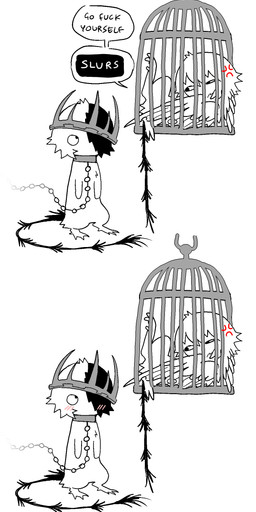 ambiguous_gender birdcage black_tail blush bound cage censored_dialogue chain chained collar cross-popping_vein crown dialogue duo feral fur grey_collar grey_crown headgear in_cage insult looking_at_another metal_collar semi-anthro simple_background speech_bubble tail talking_to_another text white_background jejejunum european_mythology greek_mythology mythology ember_(jejejunum) wither_(jejejunum) avian harpy mythological_avian mythological_creature nethermare 2026 comic english_text hi_res