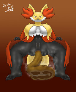 3_toes anthro anus black_body breasts crouching feces feces_in_ass feces_pile feet fur genitals low-angle_view male multicolored_body multicolored_fur navel pooping pooping_on_floor red_body red_eyes red_fur simple_background solo tail teeth toes vulva white_body white_fur worm's-eye_view yellow_body yellow_fur yellow_tail drain_scat nintendo pokemon delphox generation_6_pokemon pokemon_(species) 2025 hi_res