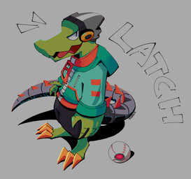 anthro baseball beanie big_claws bottomwear claws clothing cybernetic_limb cybernetic_tail electronics green_body green_scales grey_background hat headgear headphones headwear hoodie jagged_mouth looking_at_viewer male mechanical_tail open_mouth open_smile pants pupils scales simple_background slit_pupils smile smiling_at_viewer solo spiked_tail spikes spikes_(anatomy) streetwear tail text tongue topwear yellow_claws zipper djehck lethal_league latch crocodile crocodilian reptile scalie 2025 absurd_res cel_shading hi_res shaded