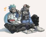 anthro book clothed clothing cross-popping_vein dialogue duo fur grey_body grey_fur hair male simple_background sitting sitting_on_ground tail dmsjji12 arknights hypergryph studio_montagne ethan_(arknights) spot_(arknights) animal_humanoid chameleon_humanoid humanoid hyena lizard_humanoid mammal reptile reptile_humanoid scalie scalie_humanoid spotted_hyena 2023 absurd_res hi_res