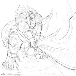 action_pose anthro bared_teeth eyebrow_piercing facial_piercing front_view holding_melee_weapon holding_object holding_sword holding_weapon lip_piercing lip_ring male melee_weapon multiple_piercings muscular muscular_anthro muscular_male nipple_piercing nipples pecs piercing pose ring_piercing simple_background solo standing sword weapon crazydrak alex_(jrbart) crocodile crocodilian reptile scalie 1:1 2024 absurd_res dated hi_res monochrome signature sketch