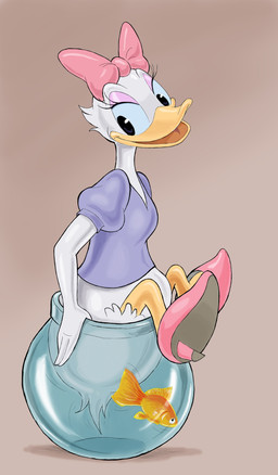 ambiguous_gender anthro anthro_focus aquarium beak bottomless bow_ribbon butt butt_stuck clothed clothing duo eyeshadow feathers female female_focus feral fish_bowl footwear high_heels makeup shoes smile solo_focus tail tail_feathers tickling tickling_butt vivarium white_feather zdrer456 disney daisy_duck anatid anseriform aquatic avian bird cyprinid cypriniform duck fish goldfish hi_res