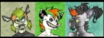 anthro black_border black_hair border ear_tails glamfur gold_(metal) gold_tooth green_hair group hair heterochromia looking_at_viewer male mohawk neck_piercing orange_hair piercing sideburn_mohawk smile teeth yellow_eyes zeriara skihi american_opossum mammal marsupial tapir virginia_opossum