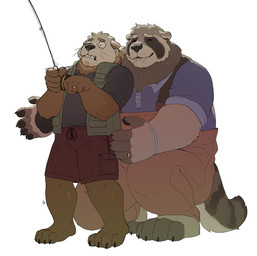 5_fingers anthro biped black_clothing black_markings black_shirt black_topwear blue_clothing blue_shirt blue_topwear bottomwear brown_body brown_fur clothing duo fingers fishing fur male markings orange_bottomwear orange_clothing orange_pants overweight overweight_anthro overweight_male pants red_bottomwear red_clothing red_shorts shirt shorts topwear white_body white_fur inuwoo mammal mustelid otter procyonid raccoon 2025