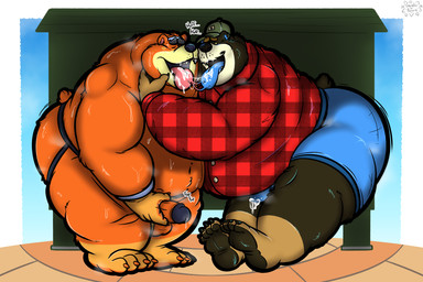 after_kiss anthro balls belly big_belly bodily_fluids bottomwear boxer_briefs bulge butt claws clothing cum cum_drip cum_in_clothing cum_in_mouth cum_in_underwear cum_inside cum_on_clothing cum_on_underwear cum_string cum_through_clothing cum_through_underwear detailed_bulge dripping duo erection facial_hair fangs fap_(sound_effect) feet flannel_shirt fur genital_fluids genital_outline genitals hand_on_face hand_on_penis holding_penis humanoid_genitalia humanoid_penis jockstrap leaking_precum looking_at_another looking_pleasured male male/male masturbation morbidly_obese musk mustache navel obese outside overweight overweight_anthro overweight_male penis penis_outline precum precum_drip saliva saliva_string snowballing sweat sweatdrop sweaty_body tail teeth underwear wet wet_clothing wet_underwear gorochuinboxers animal_crossing nintendo grizzly_(animal_crossing) teddy_(animal_crossing) bear brown_bear grizzly_bear mammal ursine 2026 3:2 colored digital_drawing_(artwork) digital_media_(artwork) hi_res