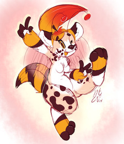 anthro barefoot body_pattern breasts digitigrade eyebrows eyelashes feet female fluffy fluffy_tail hair happy multicolored_body nude one_eye_closed open_mouth simple_background smile solo tail tied_hair kemotobi boofie_(kemotobi) arthropod bee canid canine hybrid hymenopteran insect mammal 2015