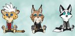 3_toes anthro blue_eyes brown_body brown_fur feet female fur male pawpads plushie toes toy yellow_body yellow_fur ziegelzeig bad_guy_cafe angel_eyes arten_reichtum landsec_(character) cheetah felid feline lynx mammal hi_res