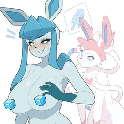 4_fingers anthro anthrofied big_breasts black_nose blue_sclera blush blush_lines breasts cross-popping_vein duo eyebrows eyelashes featureless_crotch female fingers frown huge_breasts ice ice_cube looking_at_viewer nude sharp_teeth simple_background smile speech_bubble teeth white_background white_eyes plankzu nintendo pokemon eeveelution generation_4_pokemon generation_6_pokemon glaceon pokemon_(species) sylveon 1:1 2026 absurd_res hi_res pictographics