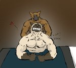 anthro bodily_fluids doggystyle duo from_behind_position male male/male muscular muscular_male pained_expression pecs sex simple_background simple_coloring sweat sweatdrop thick_neck tongue tongue_out dickinoatmeal canid canine canis domestic_cat domestic_dog felid feline felis mammal hi_res shaded simple_shading