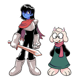 2_horns ambiguous_gender anthro armor biped black_hair blue_body blue_skin cape clothed clothed_anthro clothed_human clothing duo eyewear fur glasses green_clothing hair hair_over_eye hands_behind_back holding_melee_weapon holding_object holding_sword holding_weapon horn lineup melee_weapon mouth_closed one_eye_obstructed open_mouth open_smile pink_scarf red_cape red_clothing scarf simple_background smile standing style_emulation sword weapon white_background white_body white_fur hellspawnmotel deltarune osamu_tezuka undertale_(series) kris_(deltarune) ralsei bovid caprine darkner goat human mammal 2024 digital_drawing_(artwork) digital_media_(artwork) english_description full-length_portrait portrait male_(lore)