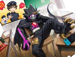 anthro bancho black_body black_sclera cape classroom claws clothing feet group horn male school school_uniform stinger_tail talons toes trio uniform muna_digimon bandai_namco digimon nintendo nintendo_switch hiro_amanokawa digimon_(species) gammamon gulusgammamon human mammal 4:3 absurd_res hi_res