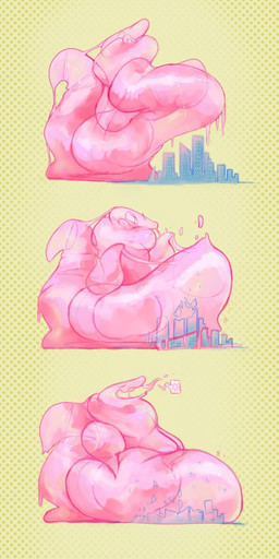 belly big_belly city destruction huge_belly macro overweight pink_body solo 80sarchosaur goo_creature 1:2 2015 hi_res