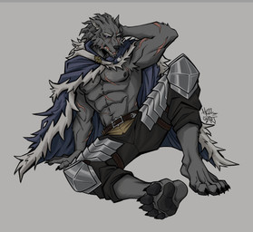5_toes abs anthro athletic athletic_anthro athletic_male biped black_pawpads blue_cloak blue_clothing bodily_fluids claws cloak clothing cuisse feet finger_claws foot_focus fur grey_body grey_fur male male_anthro pawpads paws pecs poleyn purple_eyes scar scars_all_over sitting solo sweat toe_claws toes hell_oart elden_ring fromsoftware blaidd_(elden_ring) canid canine canis mammal wolf 2025 absurd_res digital_media_(artwork) hi_res