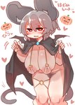 big_breasts big_ears blush bottomless bra breasts cape cleavage clothed clothing fake_wings female grey_hair hair heart_symbol holidays jack-o'-lantern pubes red_eyes short_hair skimpy solo sound_effects text underwear sabitare halloween touhou nazrin animal_humanoid humanoid mammal mammal_humanoid mouse_humanoid murid murid_humanoid murine murine_humanoid rodent rodent_humanoid absurd_res hi_res japanese_text translated