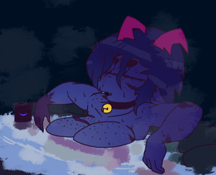 anthro bathing big_breasts breasts female freckled_breasts freckled_face freckled_shoulders freckles scar shortstack shortstack_female solo the_last_viper cult_of_the_lamb massive_monster_(studio) goat_(cult_of_the_lamb) purple_crown_(cult_of_the_lamb) bovid caprine goat mammal