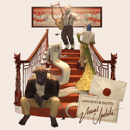 2_horns 5_fingers animal_skin anthro arm_support banister beak belt black_body black_clothing black_eyes black_fur black_jacket black_nose black_topwear blue_body blue_feathers bottomwear brown_bottomwear brown_clothing brown_footwear brown_pants brown_shoes carpet clothed clothing cloven_hooves cursive envelope feathers fingers footwear front_view fully_clothed fur group hand_on_hip holding_object hooves horn jacket khaki_pants leaning leaning_on_elbow long_pants long_tail lyre male muscular muscular_anthro muscular_male musical_instrument overalls painting_(object) pants plucked_string_instrument rear_view scales shirt shoes simple_background smile smirk spread_legs spreading stairs standing string_instrument tail tail_feathers text topwear wax_seal white_background white_beak white_body white_clothing white_fur white_horn white_scales white_shirt white_tail white_topwear dilukha european_mythology greek_mythology minotaur_hotel mythology argos_(minotaur_hotel) asterion_(minotaur_hotel) p_(minotaur_hotel) storm_(minotaur_hotel) avian bird bovid bovine galliform mammal minotaur peafowl phasianid reptile scalie snake 1:1 2025 digital_media_(artwork) digital_painting_(artwork) english_text hi_res painting_(artwork)