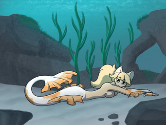 anthro blue_eyes breasts female fur green_eyes heterochromia kelp looking_at_viewer lying mermaid_tail on_front rock sand sea seabed side_boob solo split_form water yellow_body yellow_fur setriaphtfj megan_(aufurmegan) amur_carp aquatic carp cyprinid cypriniform domestic_cat felid feline felis fish koi mammal merfolk typical_carp hi_res