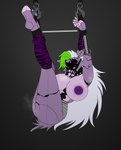 anthro arms_tied bdsm big_breasts blind bodily_fluids bondage bound breasts broken_ear bubble_butt butt clothing collar cracked cracks disability exposed_endoskeleton eyeless female fingers genital_fluids green_hair hair hands_above_head leg_warmers legs_tied legs_up legwear long_hair machine missing_eye multicolored_body muzzle_(object) muzzled nipples nude purple_body purple_nipples raised_arms shattered short_story solo steam submissive submissive_anthro submissive_female suspension suspension_bondage thick_thighs two_tone_body vaginal_fluids white_hair wire arrteen five_nights_at_freddy's five_nights_at_freddy's:_security_breach scottgames steel_wool_studios roxanne_wolf shattered_roxanne_wolf animatronic canid canine canis mammal robot wolf broken 2022 absurd_res digital_media_(artwork) hi_res story story_in_description