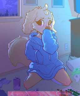 anthro bodily_fluids bottomless clothed clothing erection erection_under_clothing femboy hoodie hoodie_only lgbt_pride male nervous sniffing solo sweat topwear topwear_only young soft_monster lgbt_pride_month canid canine mammal absurd_res hi_res