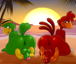all_fours anthro anus balls beach beak big_butt brown_body brown_eyes brown_feathers butt clothing darkened_anus duo feathers foreskin genitals green_body green_feathers hat headgear headwear humanoid_genitalia humanoid_penis looking_back looking_down male non-mammal_balls nude penis penis_backwards presenting presenting_hindquarters rear_view sea sunset take_your_pick tongue tongue_out water lonbluewolf disney the_three_caballeros jose_carioca panchito_pistoles avian bird chicken galliform parrot phasianid 2025 6:5 hi_res