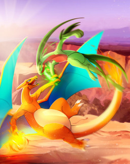 ambiguous_gender anthro battle duo eye_contact fire flaming_tail green_body leaf leaf_hair leaf_tail looking_at_another membrane_(anatomy) membranous_wings orange_body plant plant_hair pseudo_hair semi-anthro smile tail wings lucithen nintendo pokemon charizard generation_1_pokemon generation_3_pokemon grovyle pokemon_(species) digital_media_(artwork) hi_res