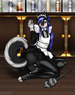 alcohol anthro bar beverage biped black_body black_fur black_nose blue_eyes blue_hair blush bottle butt cleaning_tool clothed clothing container crossdressing dress drunk feather_duster femboy fur glass hair legwear long_hair looking_at_viewer maid_uniform male sitting smile solo stockings substance_intoxication text uniform upskirt vodka white_body white_fur eliana-asato hershey canid canine mammal hi_res russian_text