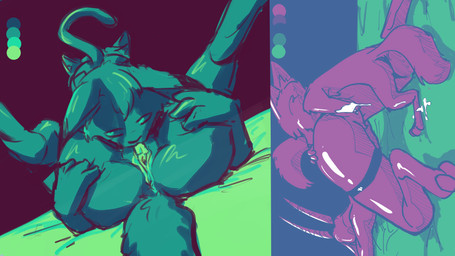 69_position ambiguous_gender anthro anus ass_up autocunnilingus bodily_fluids butt color_swatch deep_fisting female female/ambiguous fisting flexible genital_fluids genitals group horn legs_behind_head legs_up male male/female masturbation nude oral oral_masturbation penetration sex standing vaginal vaginal_fisting vaginal_fluids vaginal_masturbation vaginal_penetration vulva ittybittykittytittys disney zootopia fan_character gazelle_(zootopia) kiana_(visiti) lyle_(visiti) nick_wilde antelope bovid canid canine canis felid feline fox gazelle lynx mammal red_fox true_fox wolf 16:9 2018 hi_res multiple_images restricted_palette widescreen