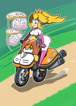 after_transformation angry big_breasts big_butt biker_outfit blonde_hair blue_eyes bodysuit boots breasts brown_hair bumper_sticker butt clothing crown dialogue dirt_road duo ear_piercing ear_ring exhaust_pipe eyebrow_through_hair eyebrows eyelashes female flowing_hair footwear gloves green_eyes green_grass hair half-closed_eyes handwear headgear headlight lipstick long_hair looking_down looking_down_at_another looking_up_at_another machine makeup metallic_body narrowed_eyes not_furry orange_body piercing pink_boots pink_clothing pink_footwear pink_gloves pink_handwear pink_lipstick riding_motorcycle ring_piercing shoes skinsuit smug speech_bubble talking_to_another text tight_clothing transformation translucent translucent_hair vehicle vehicle_transformation wheel white_body white_bodysuit white_clothing white_sclera white_skin white_skinsuit chabble mario_bros nintendo princess_daisy princess_peach animate_inanimate dire_machine dire_motorcycle dire_vehicle human living_machine living_motorcycle living_vehicle mammal 2026 colored digital_drawing_(artwork) digital_media_(artwork) english_description english_text hi_res