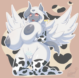 animal_print anthro areola armwear big_breasts blush breasts clothing cow_print ear_piercing elbow_gloves feathered_wings feathers female fingerless_gloves fur genitals gloves grey_areola grey_nipples hair hand_on_breast handwear holding_breast huge_breasts legwear nipples open_mouth piercing red_eyes solo stockings thick_thighs thigh_highs vulva white_body white_fur wide_hips wings womb_tattoo snackbunnii nintendo pokemon shade_the_absol generation_6_pokemon mammal mega_absol mega_evolution pokemon_(species) absurd_res alternate_version_at_source hi_res