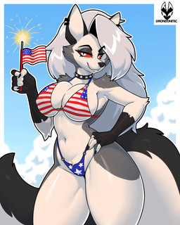 american_flag american_flag_bikini bikini breasts clothing ear_piercing female flag_bikini flag_swimwear fur grey_body grey_fur grey_hair hair holidays multicolored_body multicolored_fur navel piercing red_eyes smile solo sparkler swimwear two-piece_swimsuit united_states_of_america white_body white_fur rondonite 4th_of_july hellaverse helluva_boss mythology loona_(helluva_boss) canid canid_demon canine demon hellhound mammal mythological_canine mythological_creature absurd_res hi_res