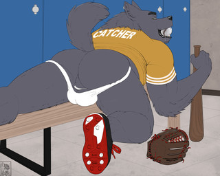 accessory anthro arm_tuft backsack ball balls baseball_(ball) baseball_bat baseball_glove bat_(object) bedroom_eyes bench black_lips black_nose bodily_fluids butt clothing cock_ring drooling ears_back elbow_tuft footwear genitals green_eyes jewelry jockstrap lips locker locker_room logo looking_at_viewer looking_back looking_back_at_viewer lying male muscular muscular_anthro muscular_male narrowed_eyes neck_tuft on_bench on_front penis_accessory penis_jewelry perineum pivoted_ears presenting presenting_hindquarters raised_tail rear_view saliva seductive shirt shoes smile solo spread_legs spreading tail text tile topwear tuft underwear yellow_clothing yellow_shirt yellow_topwear elbestia canid canine canis mammal wolf 2021 5:4 artist_logo english_text signature