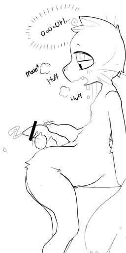 anthro arm_support bodily_fluids claws cum cumshot ejaculation genital_fluids genitals half-closed_eyes ineffective_censorship leaning leaning_backward looking_at_genitalia looking_at_penis male masturbation narrowed_eyes open_mouth penile penile_masturbation penis side_view sitting solo sweat text whiskers presto_(artist) unknown_species 1:2 absurd_res censored english_text hi_res monochrome sketch