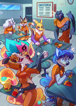 4_arms accessory anthro arm_tuft black_body black_fur black_nose black_sclera blue_body blue_eyes blue_fur blue_hair blue_markings burger cafeteria cheek_tuft cheese claws countershade_face countershade_torso countershading dairy_products dipstick_ears dipstick_tail ear_markings eating eye_markings facial_tuft female fluffy_ears food fries fur furgonomics furniture group hair holding_food holding_object laugh looking_at_another markings multi_arm multi_limb multicolored_body multicolored_ears multicolored_fur neck_tuft one_eye_closed open_mouth prison prison_uniform red_eyes short_hair shoulder_tuft sitting table tail tail_accessory tail_markings tray tuft two_tone_body two_tone_fur walking white_body white_countershading white_fur white_markings yellow_body yellow_fur fabi.the_doodler bandai_namco digimon goat_(movie) hellaverse helluva_boss nintendo sony_corporation sony_pictures star_fox star_fox_2 fay_(star_fox) jett_fillmore krystal_(star_fox) miyu_(star_fox) queen_bee-lzebub_(helluva_boss) digimon_(species) renamon crossover hi_res