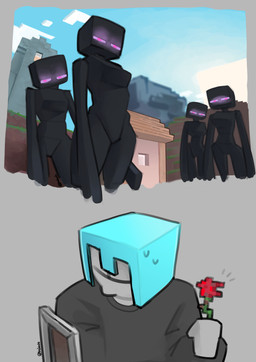 armor black_body bodily_fluids breasts clothed clothing embarrassed female flower glowing glowing_eyes grey_clothing grey_shirt grey_topwear group headgear helmet long_arms long_limbs looking_at_viewer looking_away male not_furry nude plant purple_eyes rose_(flower) shield shirt simple_background square_(anatomy) square_head sweat sweatdrop topwear kaiartis microsoft minecraft mojang xbox_game_studios anon enderman human humanoid mammal absurd_res digital_media_(artwork) hi_res shaded
