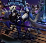 anthro beak black_beak bottomwear city clothed clothing duo female flower male night outside plant skirt tail tail_under_skirt corrvo mati riko avian bird blue_jay corvid jay_(bird) new_world_jay oscine passerine hi_res