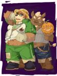 anthro belly bodily_fluids bottomwear brown_body brown_fur clothed clothing duo eyes_closed eyewear food fruit fully_clothed fur glasses gloves handwear hat headgear headwear holidays humanoid_hands male navel overweight overweight_male pants plant pumpkin shirt straw_hat sweat topwear bonbonbear tuokemao halloween lifewonders tokyo_afterschool_summoners volos_(tas) bear mammal suid suina sus_(pig) wild_boar 2019 3:4