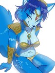 anthro armor belly blue_body blue_fur blue_hair bottomwear bracers clothing female fur green_eyes hair jewelry loincloth markings navel necklace neckwear simple_background sitting solo precht-art nintendo star_fox krystal_(star_fox) canid canine fox mammal 2023 3:4 hi_res signature