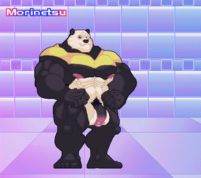 anthro attack balls bamboo barazoku big_balls big_penis clothing erection feet flaccid genitals hair hairy humanoid_genitalia humanoid_penis legwear male mature_male moobs muscular muscular_anthro muscular_male nipples penis scar shirt smile smirk solo t-shirt tackle thigh_highs topwear tuft weapon morinetsu beastars gouhin_(beastars) bear giant_panda mammal ursine animated digital_media_(artwork) loop pixel_(artwork)