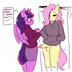 1:1 2020 absurd_res anthro anthrofied balls bottomless clothed clothing crossgender dialogue duo english_text equid equine erection eyes_closed female fluttershy_(mlp) footwear friendship_is_magic ftg_crossgender fti_crossgender genitals gynomorph hair hasbro hi_res hoodie horn horse intersex legwear mammal my_little_pony mythological_creature mythological_equine mythology penis pink_hair pony purple_body purple_hair rainbowsprinklesart socks text tired topwear twilight_sparkle_(mlp) winged_unicorn wings yellow_body