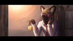 alcohol anthro beverage biped black_bars blush brown_body brown_fur clothed clothing fur holding_glass holding_object male necktie shirt sitting solo topwear white_clothing stevie_choo aggretsuko sanrio haida_(aggretsuko) hyena mammal spotted_hyena 2018 hi_res letterbox widescreen