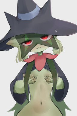 anthro belly breast_curtains breast_squeeze breasts clothing female hat headgear headwear navel red_eyes small_breasts solo squeezing witch_costume witch_hat moccimew nintendo pokemon generation_9_pokemon meowscarada pokemon_(species) 2:3 absurd_res hi_res